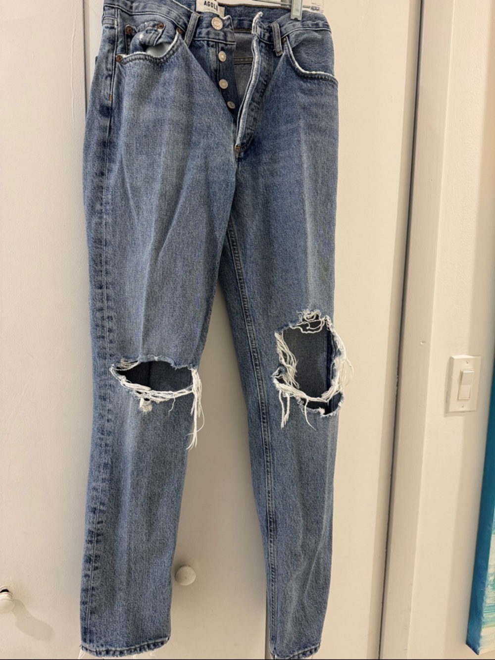 Agolde Blue Distressed Straight-Leg Jeans